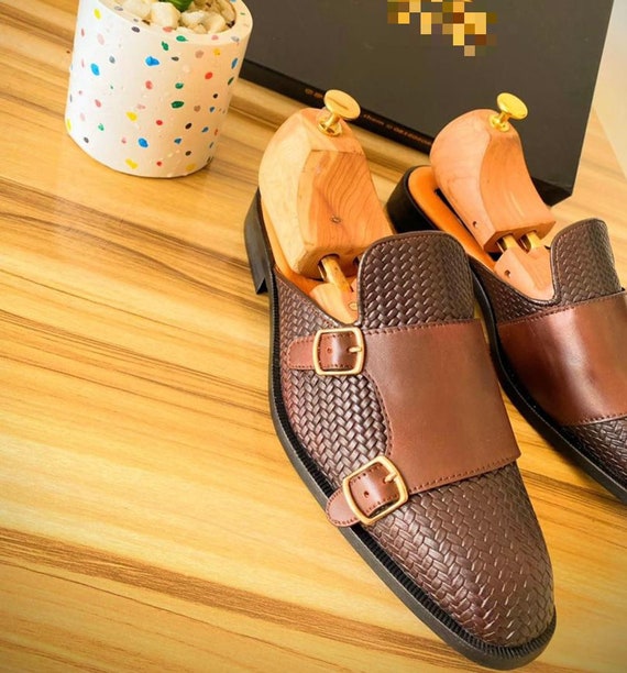 Mens Brown Hand Woven Basket Leather Backless Slip on Mule -
