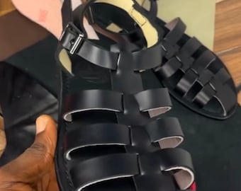 Men black leather gladiator sandal handmade Greek fisherman style sandal summer footwear casual everyday comfort ankle buckle Arabian style