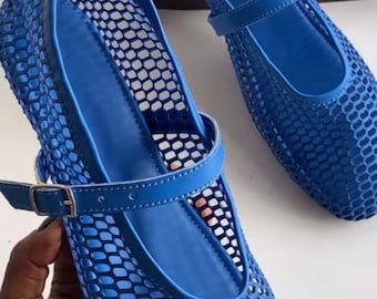 womens royal blue mesh mary jane flats round toe sheer ballet flats buckle strap breathable see through dress flats comfortable summer shoes