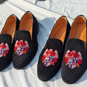 handmade embroidered monogrammed black velvet leather loafer shoes personalized custom made footwear men gift