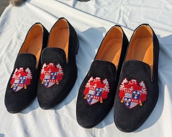 handmade embroidered monogrammed black velvet leather loafer shoes personalized custom made footwear men gift