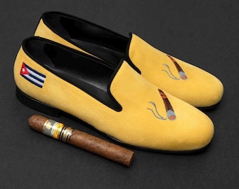 handmade embroidered monogrammed yellow velvet leather loafer shoes personalized custom made footwear gift