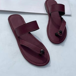 Women’s Handmade Leather Sandals | Burgundy Cross Strap Toe Ring Flats | Comfortable Casual Summer Slip-On Shoes | Gift for Her