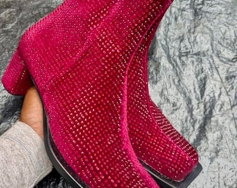 handmade pink rhinestone ankle boots women sparkly block heel velvet luxury fashion boot party performance glitter studded custom statement