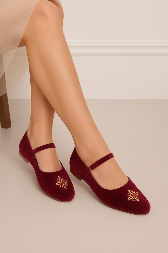 Burgundy Velvet Mary Jane Flat Shoes Handmade Closed Toe Footwear Elegant  Gold Embroidery Custom Women Dress Shoe Comfortable Everyday Flats - Etsy