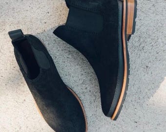 handcrafted black suede leather ankle high chelsea boots men handmade minimalist fashion footwear custom made gift for him