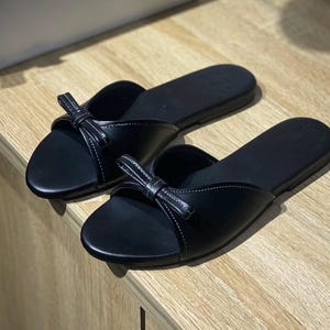 Women’s Black Leather Slide Sandals | Handmade Flat Slip-On Shoes with Bow Knot | Minimalist Summer Casual Footwear Gift