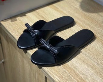 Women black leather slide sandals bow flat minimalist slip on summer casual everyday sandals dressy comfort gift for her handmade shoes