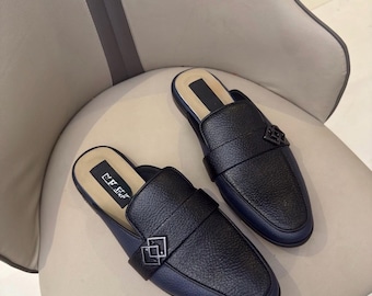 mens black leather mule loafers backless slip on dress slippers metal ornament smart casual office dinner wedding shoes for him luxury style