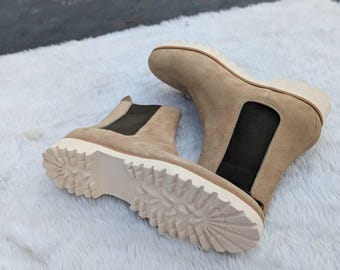 handmade beige suede leather ankle high chelsea boots men custom made handcrafted rugged sole casual everyday wear boots