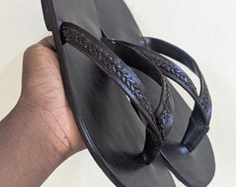 Men braided leather thong sandal slip on flip flop handmade brown summer footwear casual everyday comfort travel men shoe gift for him