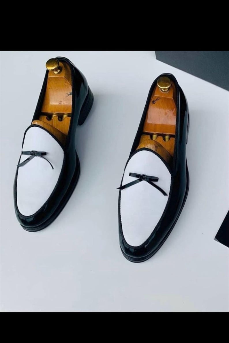 mens dress loafer black and white bow tie style shoe