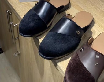 handmade men suede leather mule loafers backless slip on slippers closed toe black brown smart casual minimalist luxury travel gift for him