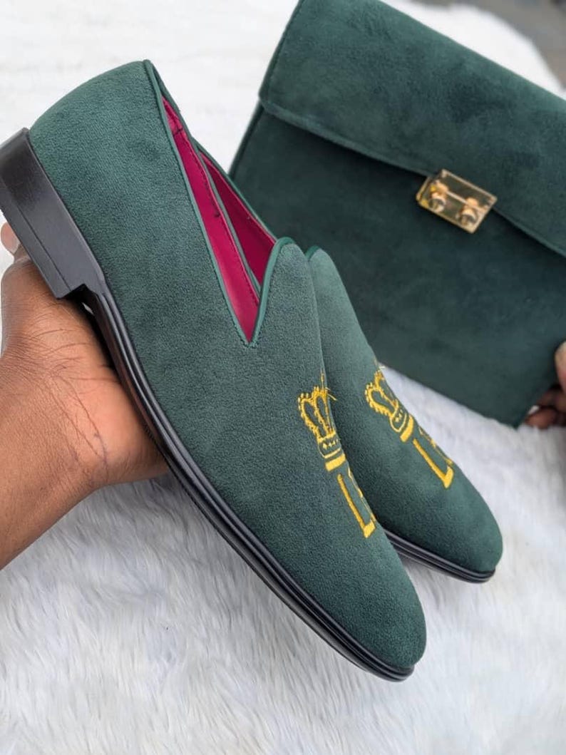 Side view green velvet dress loafer for men