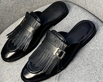 Men backless tassel mule woven leather slip on loafer half shoe buckle fringe designer style men footwear dress casual groom gift shoes