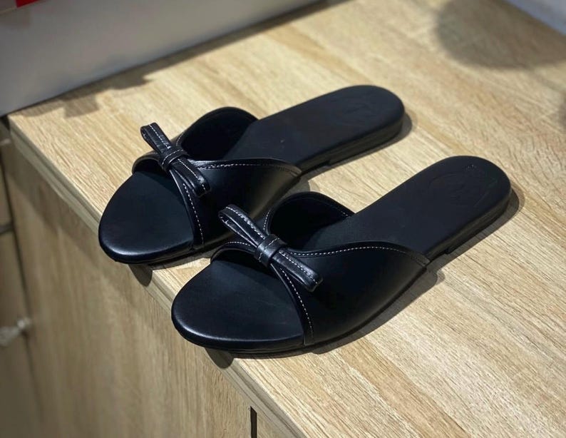 women black leather bow slide sandals