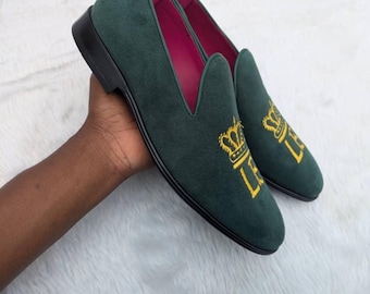 Men green crown embroidered loafer slip on dress shoe velvet formal celebrant footwear gift set groom party shoe with matching bag