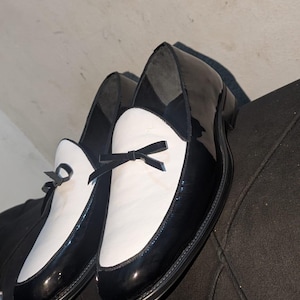 elegant mens patent loafer black white bow detail