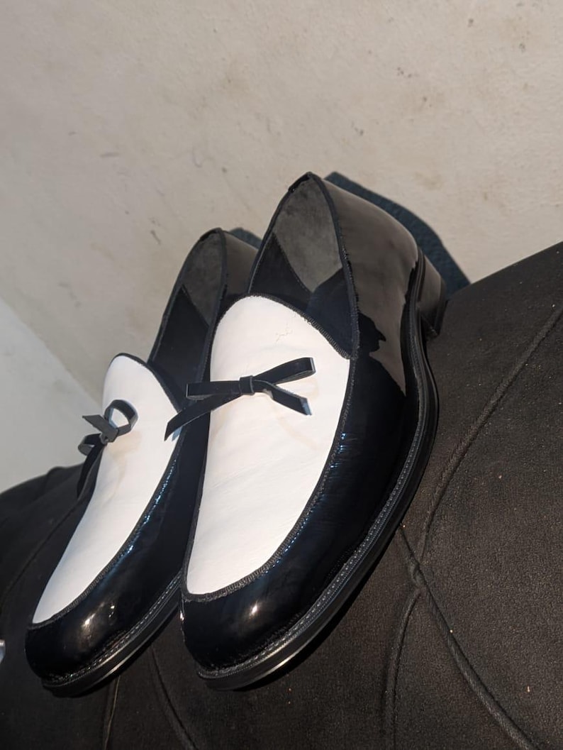 elegant mens patent loafer black white bow detail