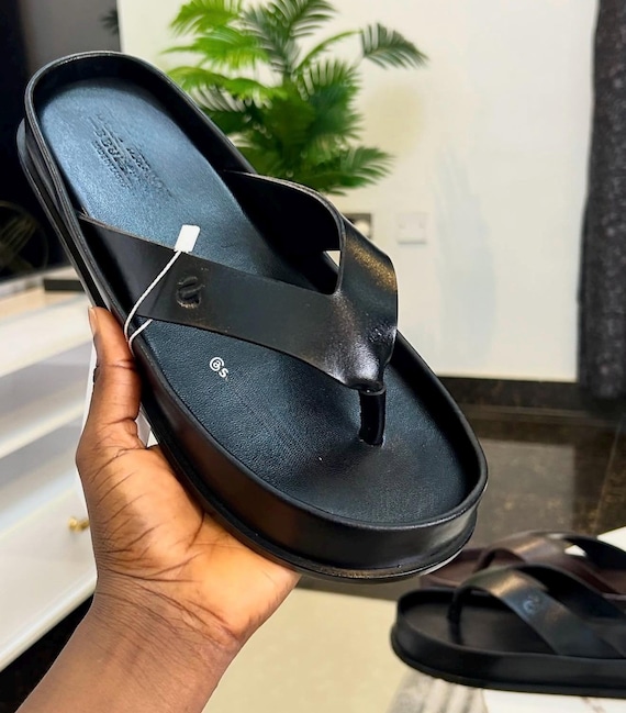 mens black leather thong sandals handmade minimalist toe post slip on summer casual beach resort flat slippers for him luxury style