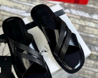 Men black textured leather cross strap sandal handmade slip on slides casual everyday comfort summer footwear luxury minimalist style