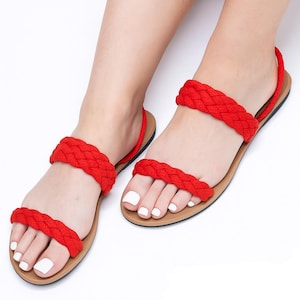 Women’s Red Braided Rope Sandals | Handmade Flat Slip-On Summer Shoes | Comfortable Casual Beach Sandals | Gift for Her