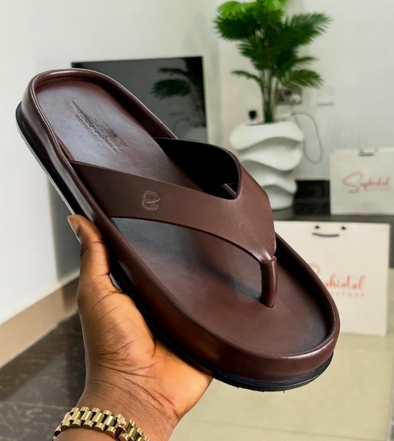 mens brown leather thong sandals handmade minimalist toe post slip on summer casual beach resort flat slippers for him luxury style