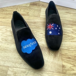 handmade embroidered monogrammed velvet leather loafer shoes personalized custom made footwear gift