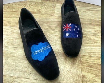 handmade embroidered monogrammed velvet leather loafer shoes personalized custom made footwear gift