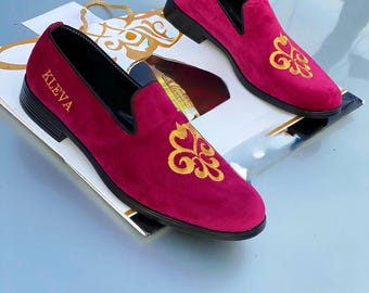 handmade embroidered monogrammed red velvet leather loafer shoes personalized custom made footwear men gift