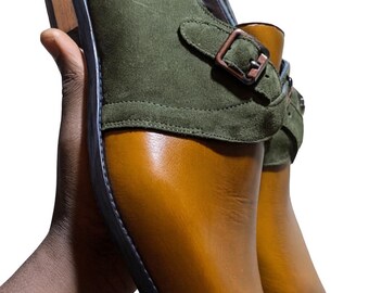 Męskie dwukolorowe buty wizytowe typu monk strap, ręcznie robione, skórzane i zamszowe, obuwie typu oxford, na zamówienie, eleganckie buty ślubne dla pana młodego, luksusowe buty męskie