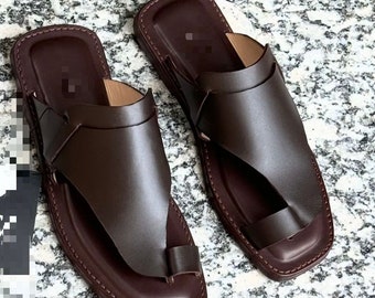 Men traditional brown toe loop sandal handmade minimalist slip on summer footwear Middle Eastern style casual leather walking men shoes