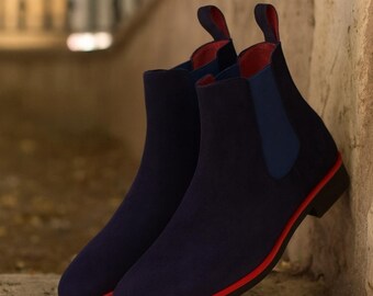 handmade navy suede leather chelsea boots with red welt sole ankle boots men custom made luxury footwear gift for him
