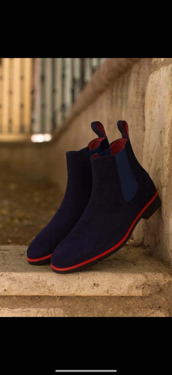 handmade navy suede leather chelsea boots with red welt sole ankle boots men custom made luxury footwear gift for him