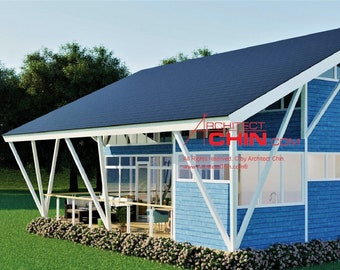 May include: A blue and white modern house with a large window and a covered porch. The house has a pitched roof and a white trim. The house is surrounded by green grass and trees.