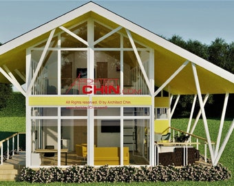 May include: A yellow modern house with large windows and a white roof. The house has a large covered porch with white support beams. The house is surrounded by green grass and trees.