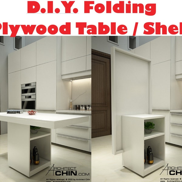Folding Plywood Table/Shelf Plan, Furniture Blueprints,Shelf Plans, Plywood Furniture Design, Modern Furniture Plans, Space Saving Furniture