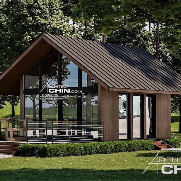 512 SF Tiny House Plans, 1 Bed A-Frame Cabin, 16’ x 32’ (Digital Download)