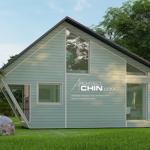 May include: A modern, light green, triangular-shaped house with large windows. The house has a dark grey roof and is surrounded by green grass and trees.
