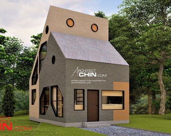 May include: A modern, gray and beige house with a unique, geometric design. The house has large windows and a small front porch. The house is surrounded by trees and grass.