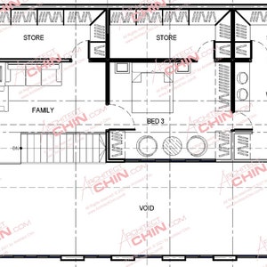 May include: A black and white floor plan of a house with rooms labeled "Store", "Family", "Bed 3", "WC", and "Void".