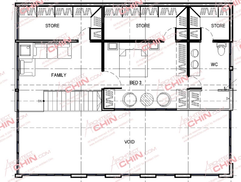 May include: A black and white floor plan of a house with rooms labeled "Store", "Family", "Bed 3", "WC", and "Void".