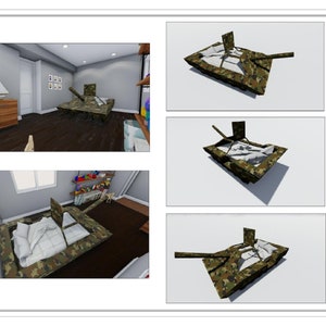 May include: A camouflage-patterned bed shaped like a tank with a raised gun barrel. The bed is made up with white bedding and pillows. The bed is in a room with a wooden floor and a window.