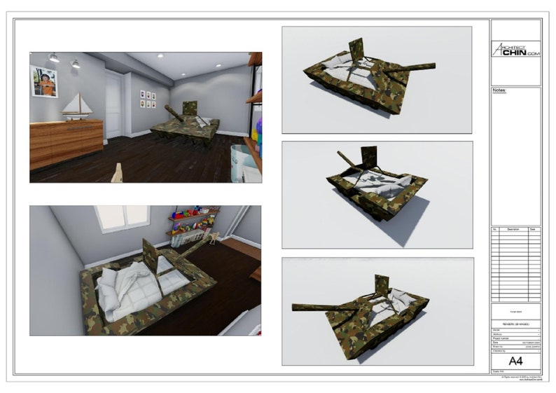 May include: A camouflage-patterned bed shaped like a tank with a raised gun barrel. The bed is made up with white bedding and pillows. The bed is in a room with a wooden floor and a window.