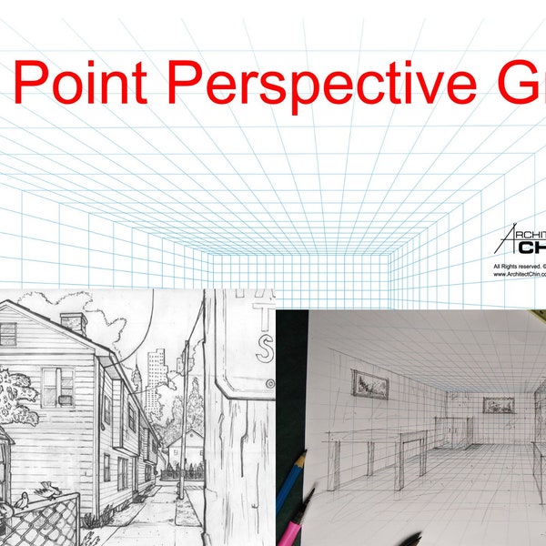 1 Point Perspective Grid Printable, Printable Grid, Drawing Grid, Interior Design Template, Printable Drawing Template,