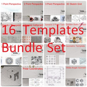 Peut inclure: Un collage de 16 modèles de dessin différents pour les artistes et les designers. Les modèles comprennent une variété de grilles, de perspectives et de formes géométriques. Les modèles sont imprimés sur du papier blanc et sont étiquetés avec leurs noms respectifs. Le titre du collage est "16 Modèles Ensemble de Bundle".