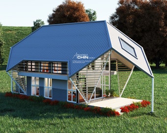 May include: A modern, two-story house with a unique, angled roof and large windows. The house is surrounded by green grass and trees.