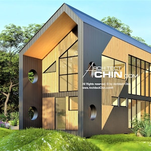 以下が含まれることがあります： 黒と木製の外観を持つ、モダンな2階建ての家。家は大きな窓と、円形の切り抜きのあるユニークなデザインをしています。家は緑の芝生と木々に囲まれています。