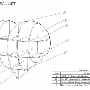 Pu&ograve; includere: Uno schema che mostra le parti e i materiali necessari per costruire uno scaffale a forma di cuore. Lo scaffale &egrave; realizzato con quattro fogli di compensato di betulla baltica da 4' x 8', 30 viti a tasca Kreg da 1" con rondella grossa, quattro tasselli in plastica con viti e un litro di finitura in poliuretano satinato da applicare.