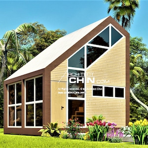 May include: A small, modern, wooden cabin with large windows and a triangular roof. The cabin is surrounded by lush greenery and palm trees.